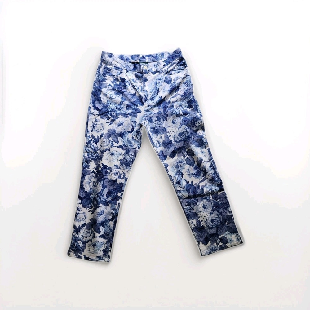 Lauren Ralph Lauren Womens Size 10 Blue White Floral Print Pants Straight Leg